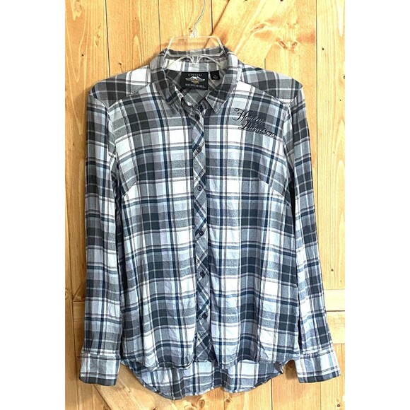 Harley Davidson Button Down Plaid Flannel Shirt Logo Womens Medium Black Grey - Picture 1 of 12